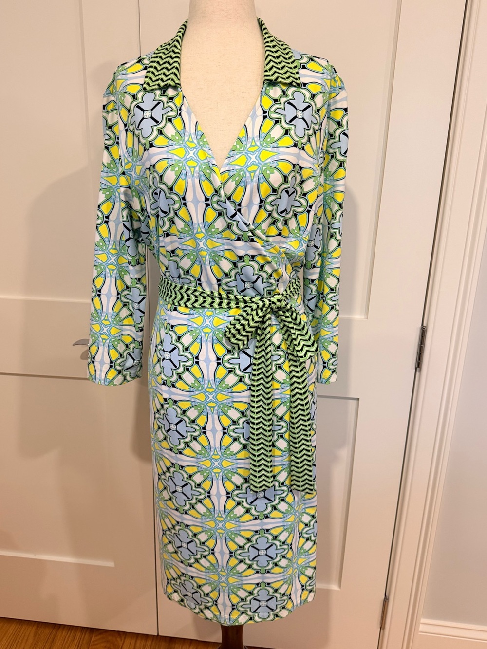 J McLaughlin Wrap Dress in Pastel Blue & Lime Geometric Print